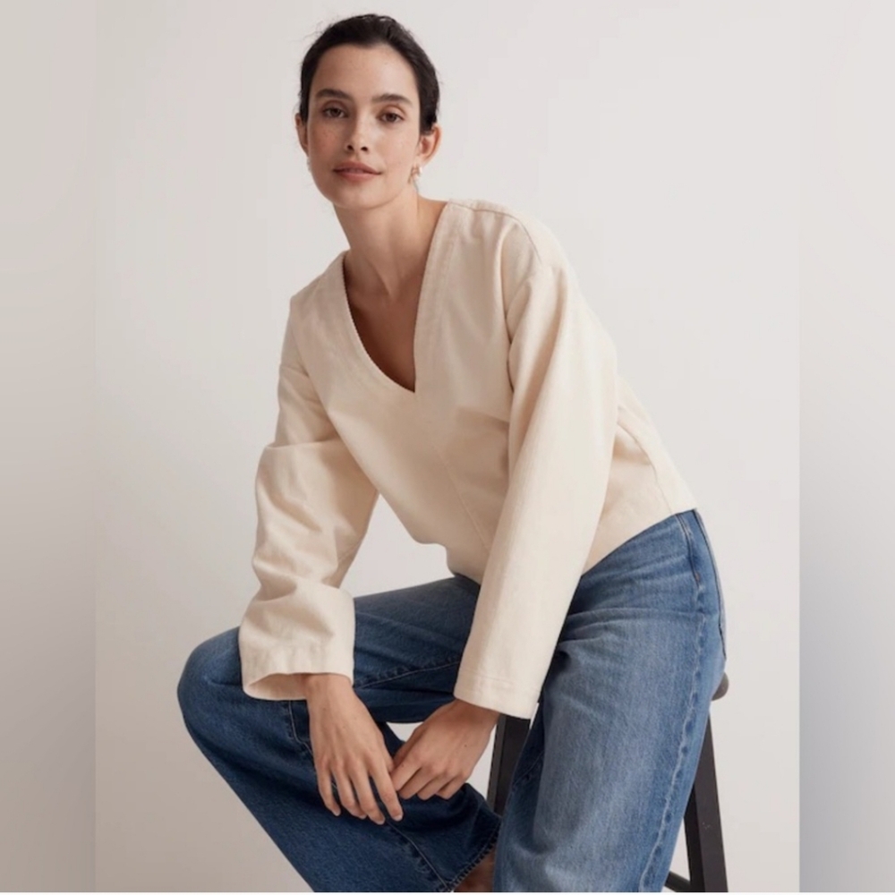 Madewell Waffle -Knit Relaxed V-Neck Top Cream